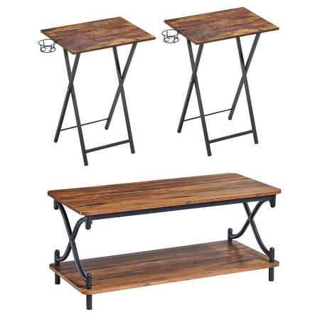 VECELO 3-Piece Coffee Table Set with 2 TV Tray Table, Modern Industrial Living Room Set, Brown