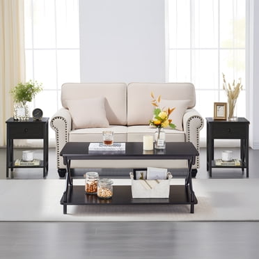 Williamspace 3-Piece Black Coffee Table Set with Gold Rim, Round Wood ...