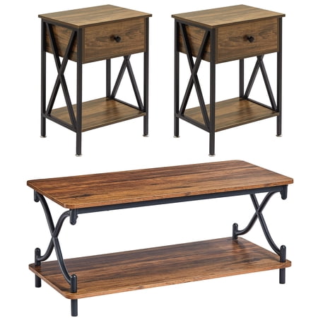 VECELO 3-Piece Coffee Table Set for Living Room Include Wood Coffee Table + 2 End Tables, Brown