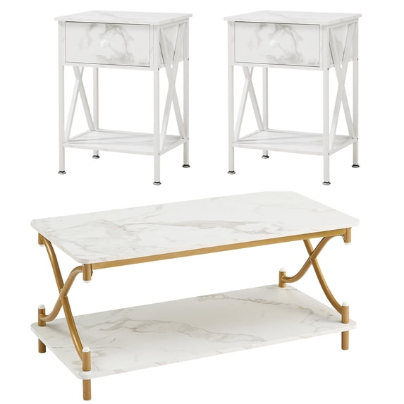 VECELO 3-Piece Coffee Table Set for Living Room Include Wood Coffee Table + 2 End Tables, Gold+White