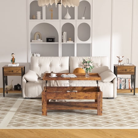 VECELO 3-Piece Coffee Table Set with Lift-top Coffee Table and Set of 2 End Tables, Modern Living Room Table Sets for Home and Office, Brown