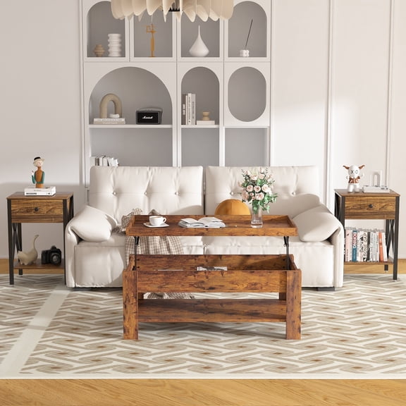 VECELO 3-Piece Coffee Table Set with Lift-top Coffee Table and Set of 2 End Tables, Modern Living Room Table Sets for Home and Office, Brown