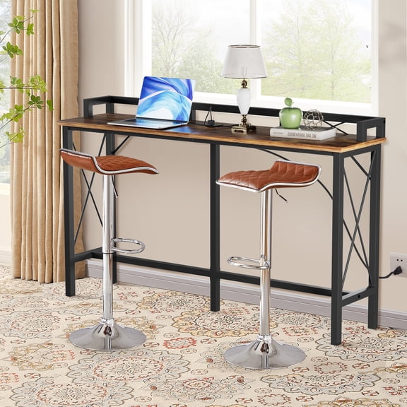 VECELO 3-Piece Console Table and Stool Set, 39.4" Sofa Table with USB Charging Station and 2 Adjustable Swivel Chairs, Set of 3, Brown