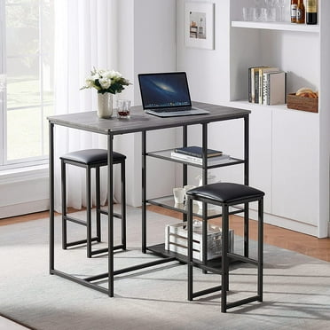VECELO 3-Piece Dining Set High Top Table with 2 PU Padded Chair for Breakfast, Kithchen, Living Room, Gray