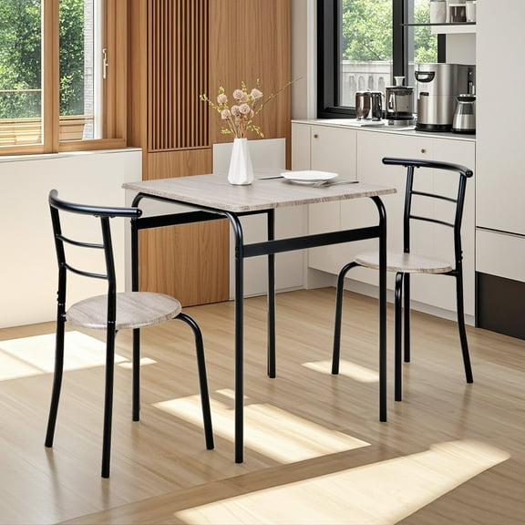 VECELO 3-Piece Dining Table Set with 2 Chairs, Metal Frame with Wood Top, Modern Small Dining Table Set for Dining Room, Living Room, Breakfast Nook, Gray
