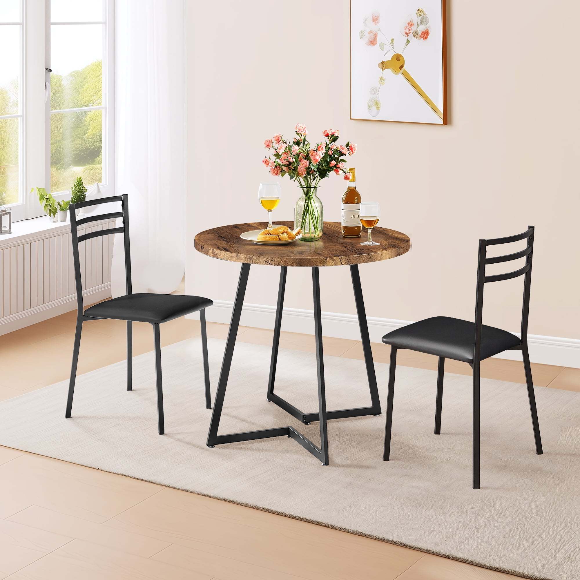 VECELO 3 Piece Dining Table Set with 2 Chairs, Small Kitchen Table Set for 2, Metal Frame and