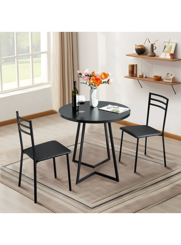 VECELO 3 Piece Dining Table Set with 2 Chairs, Small Kitchen Table Set for 2, Metal Frame and Wood Table Set for Dining Room, Living room, Small Spaces, Black