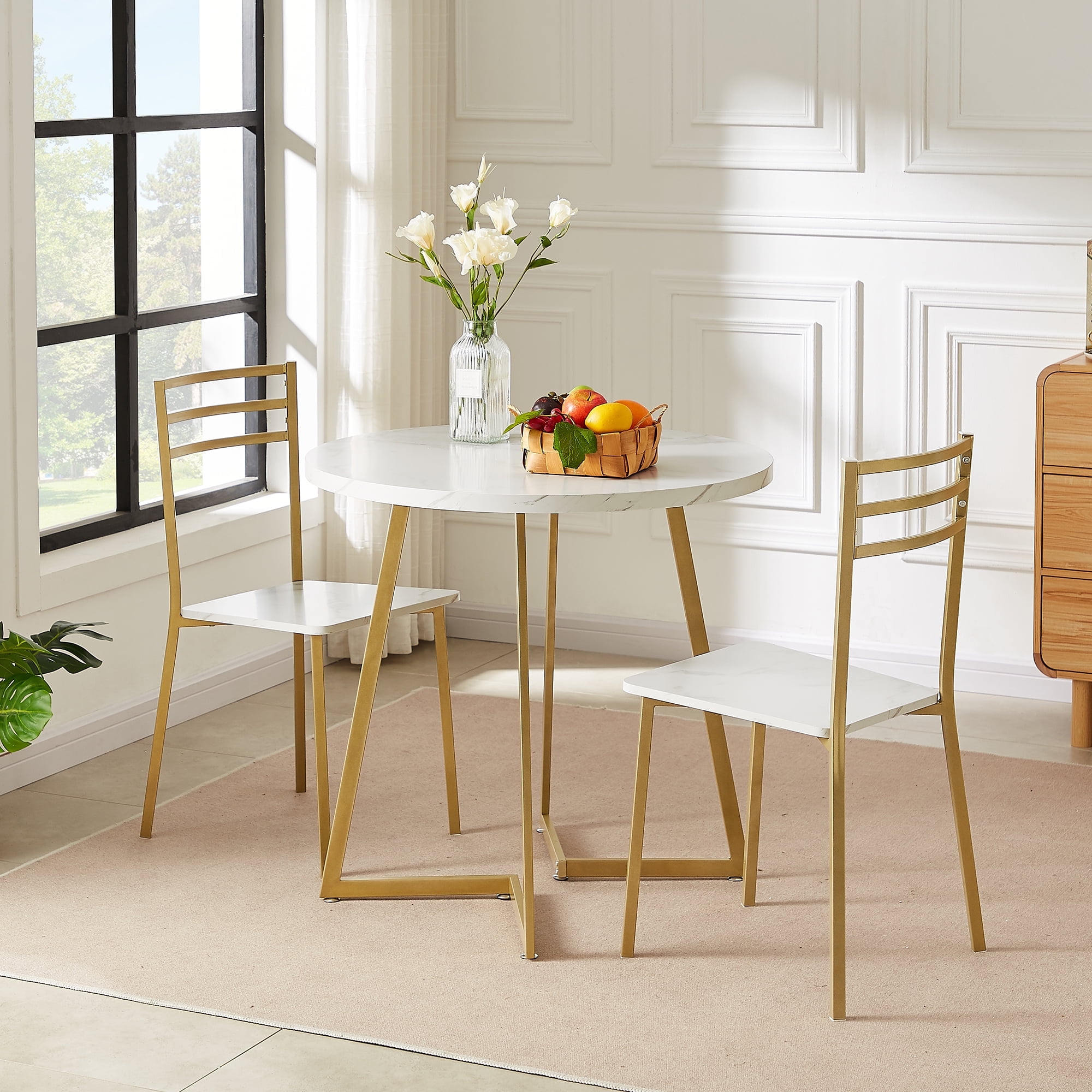 VECELO Three-Piece Round Dining Table Set, Gold Frame & White Finish, Suitable for Small Spaces ...
