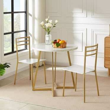 VECELO 3 Piece Dining Table Set with 2 Chairs, Small Kitchen Table Set for 2, Metal Frame and Faux Marble Table Set for Dining Room, Living room, Small Spaces, Gold Frame & White Finish