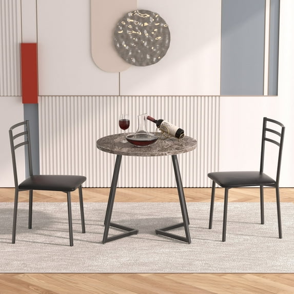 VECELO 3 Piece Dining Table Set with 2 Chairs, Small Kitchen Table Set for 2, Metal Frame and Wood Table Set for Dining Room, Living room, Small Spaces, Marble Black