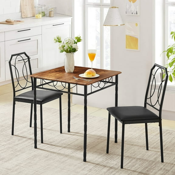 VECELO 3-Piece Dining Table Set with 2 Chairs, Wooden Dining Table for Home Kitchen Breakfast Nook, Brown