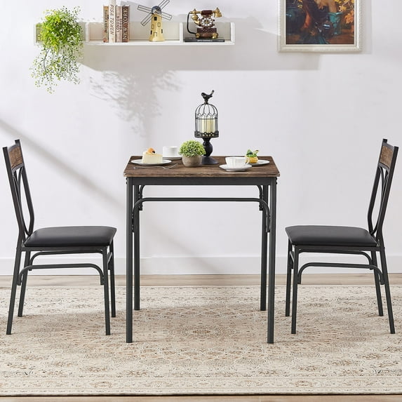 VECELO 3-Piece Dining Table Sets, Wooden Table & PU Cushion Chair for Kitchen Breakfast Nook, Brown