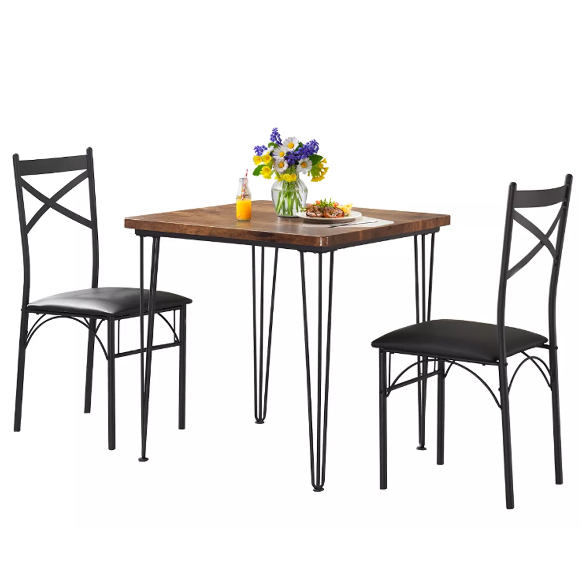 VECELO 3-Piece Dining Set, Brown Wooden Table with PU Chairs for ...