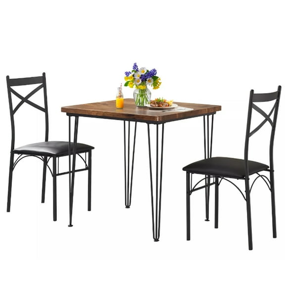 VECELO 3-Piece Dining Table Sets with 2 PU Chairs for Kitchen, Breakfast Nook, Small Space, Wooden Table and Metal Legs, Brown