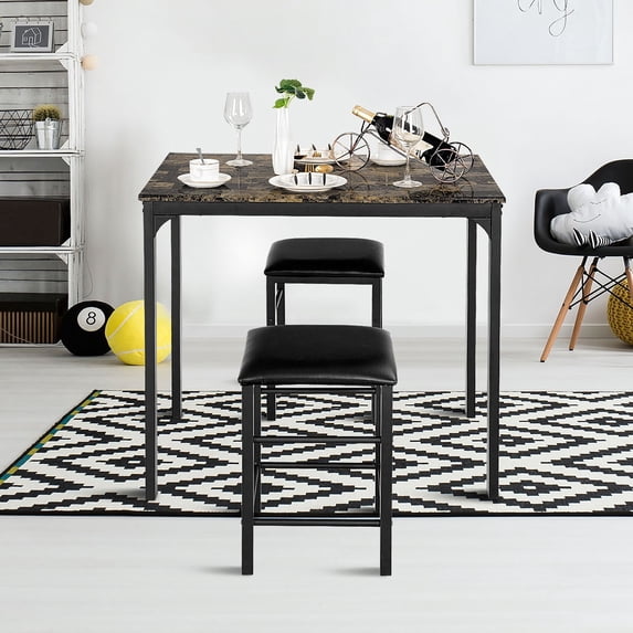 VECELO 3-Piece Dining Table with Chairs Faux Marble Countertop and Leather Cushion Seat, Black