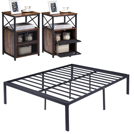 VECELO 3-Piece Full Bedroom Sets Include Metal Platform Bed Frame and 2 Brown Nightstands
