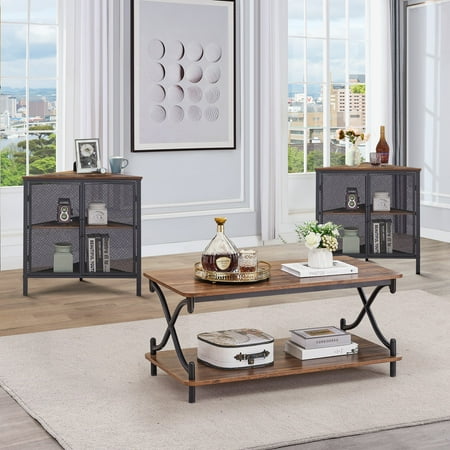 VECELO 3 Piece Modular MDF and Metal Living Room Table Set, Brown/Black