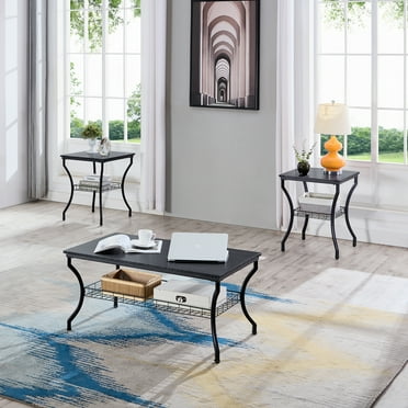 VECELO 3-Piece Occasional Coffee Table Set, Vintage Set of 3 Living Room Set with Coffee Table   2 End Table, Black