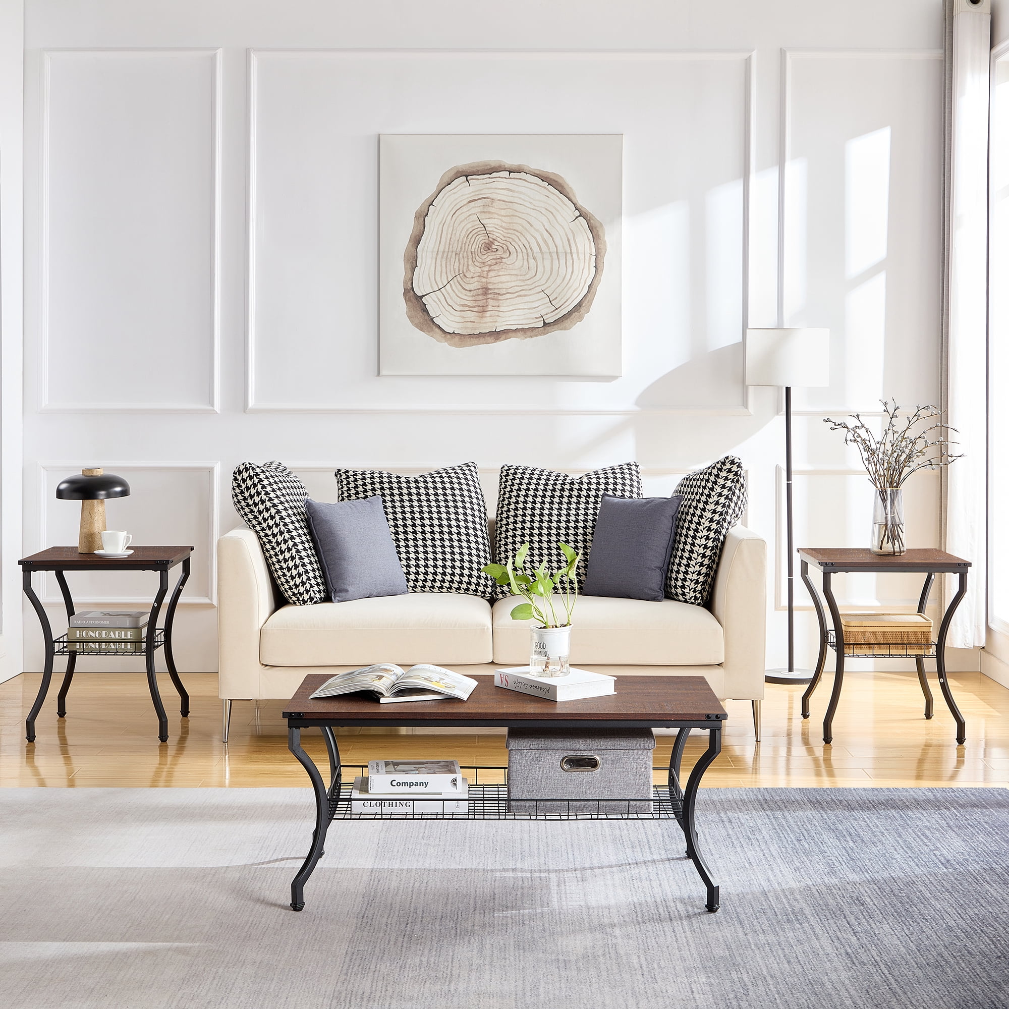 VECELO 3-Piece Occasional Coffee Table Set, Vintage Set of 3 Living Room Set with Coffee Table + 2 End Table, Brown