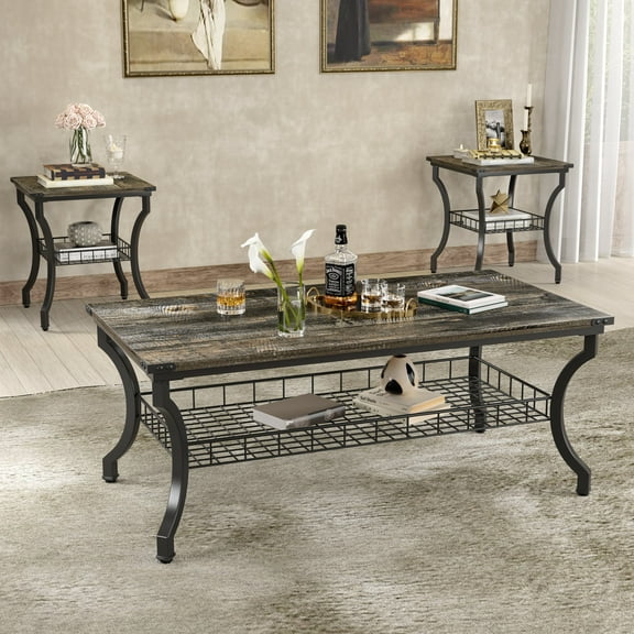 VECELO 3-Piece Occasional Coffee Table Set, Vintage Set of 3 Living Room Set with Coffee Table   2 End Table, Oak Gray