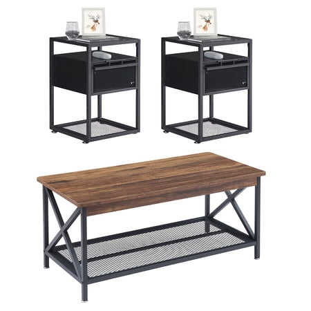 VECELO 3-Piece Occasional Coffee Table Sets for Living Room, Industrial Coffee Table with Shelf and X Design + 2 Black End Tables with Drawer and Open Shelf