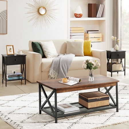 VECELO 3-Piece Occasional Table Set with Coffee Table + 2 End Tables, Black & Brown