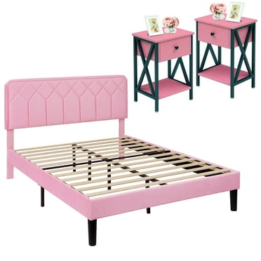 VECELO 3-Piece Pink Bedroom Set with Queen Upholstered Bed Frame and 2 Nightstands