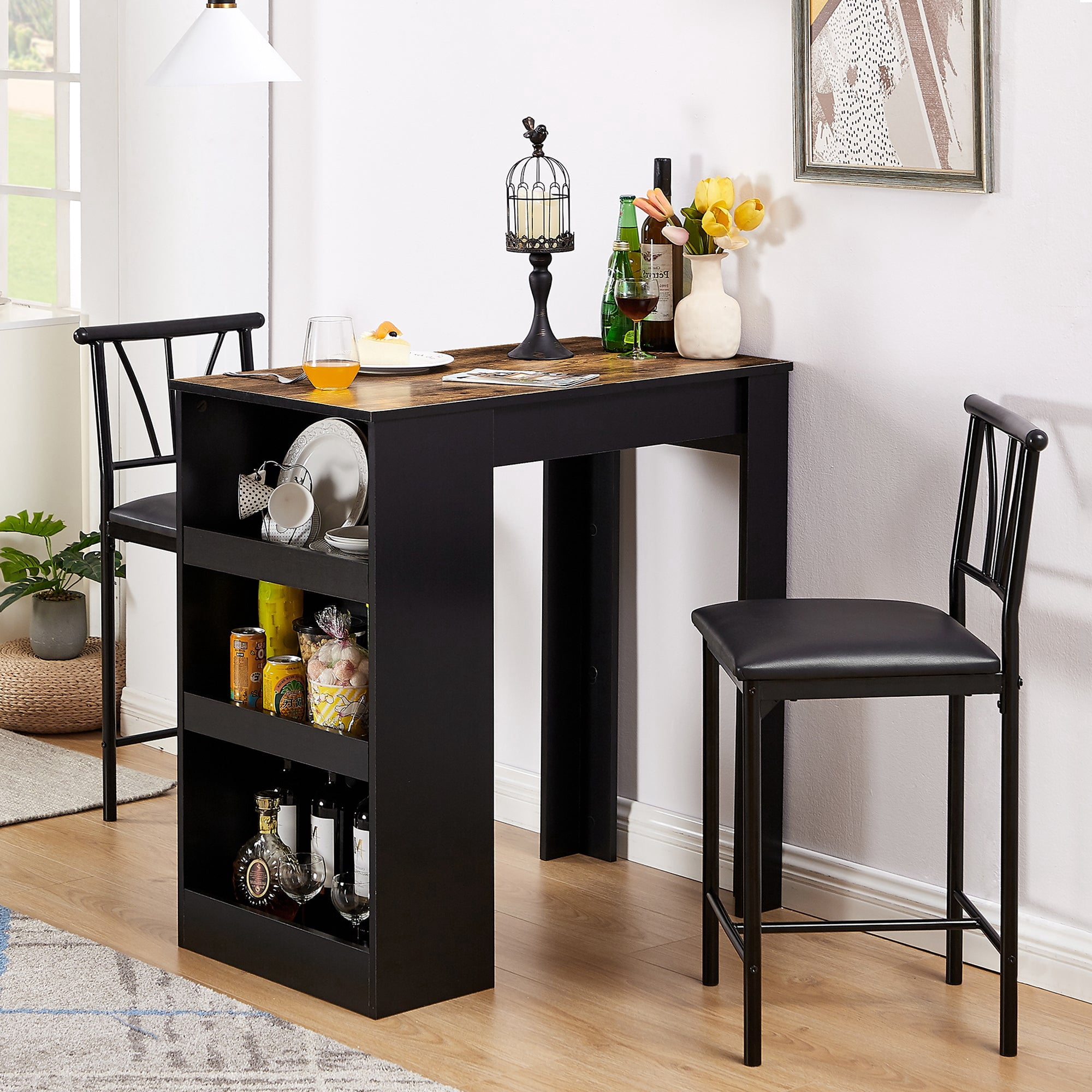 Lamerge 5-Piece Industrial Bar Table Set – Counter Height, Adjustable Feet, Black Finish