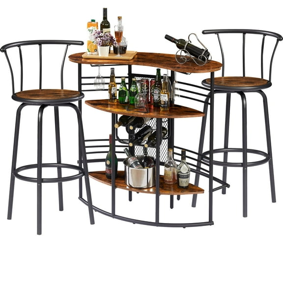 VECELO 3-Piece Pub Table Set with Bar Unit and 2 Bar Stools, Industrial Wine Rack Storage Table and Chairs Sets, Brown