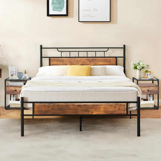 VECELO 3-Piece Queen Bedroom Set, Metal Platform Bed Frame and 2 Glass Top Nightstands