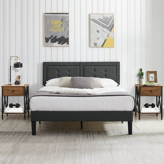 VECELO 3-Piece Queen Bedroom Sets, Upholstered Platform Bed Frame with Adjustable Headboard and 2 Nightstands, Gray+Brown