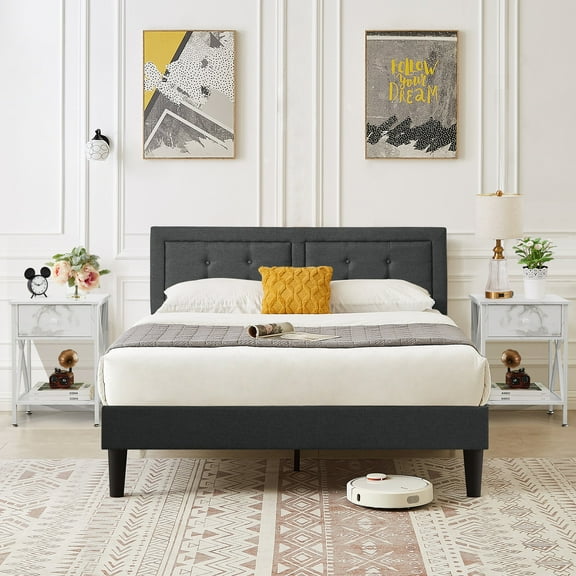 VECELO 3-Piece Queen Bedroom Sets, Upholstered Platform Bed Frame with Adjustable Headboard and 2 Nightstands, Gray+White