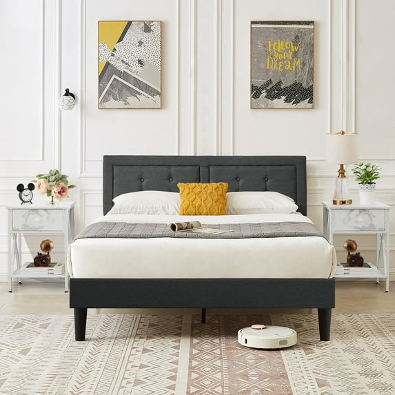 VECELO 3-Piece Queen Bedroom Sets, Upholstered Platform Bed Frame with Adjustable Headboard and 2 Nightstands, Gray+White