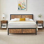 VECELO 3-Piece Bedroom Set with Twin Size Bed Frame and 1-Drawer Brown Nightstands