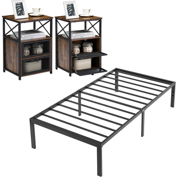 VECELO 3-Piece Twin Bedroom Sets Include Metal Platform Bed Frame and 2 Brown Nightstands
