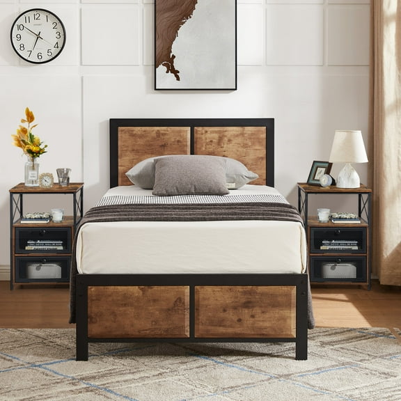 VECELO 3-Piece Twin Bedroom Sets with Wooden Headboard Bed Frame and 2 Brown Nightstands