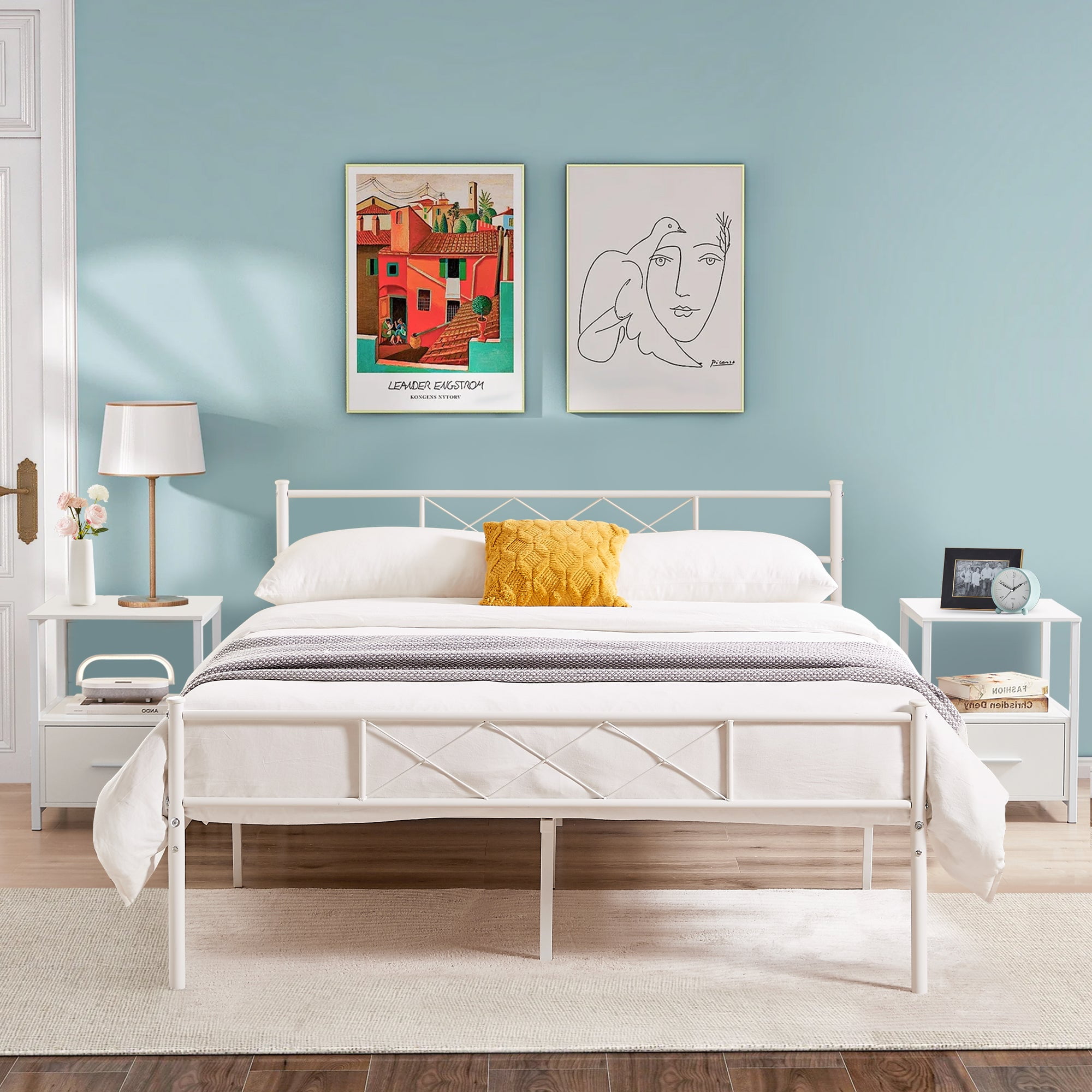 VECELO Modern 3-Piece White Queen Bed Frame + 2 Nightstands Bedroom Set ...
