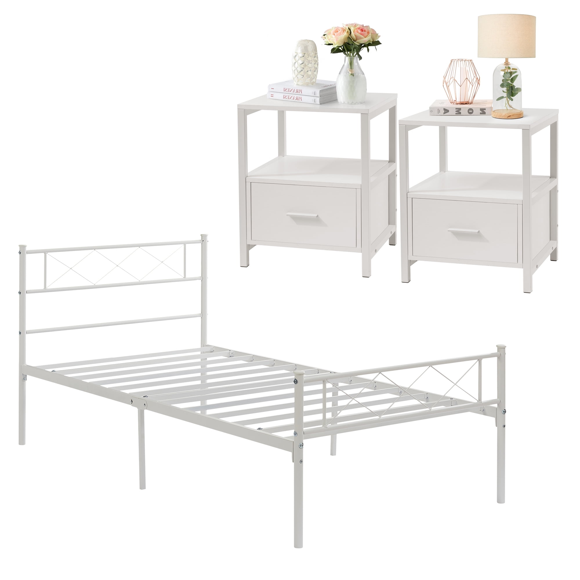 VECELO 3-Piece White Bedroom Sets Include Twin Bed Frame + 2 ...