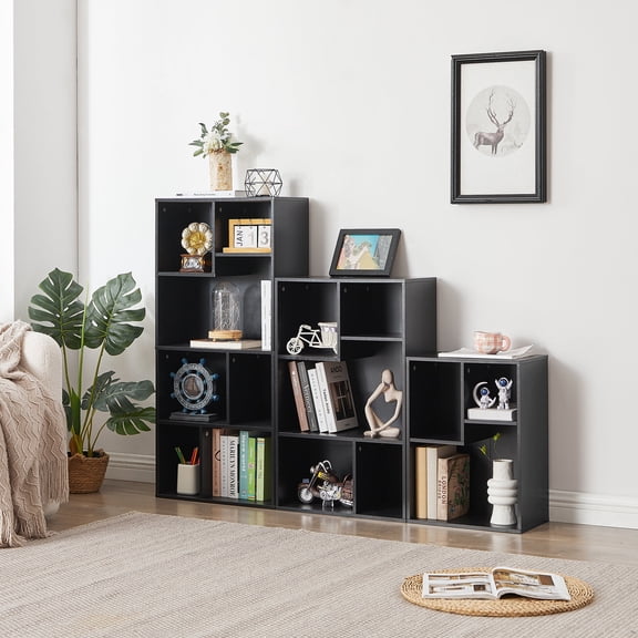 VECELO 3-Piece Wooden Bookcases Multi-Functional 15-Grid Bookshelf for Bedroom Living Room Storage Rack, Black