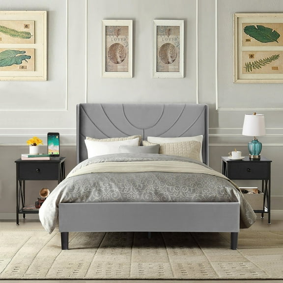 VECELO 3 Pieces Bedroom Set,Twin Size Dark Grey Bed Frame With Wingback Fabric Upholstered Headboard And Two Black Nightstands