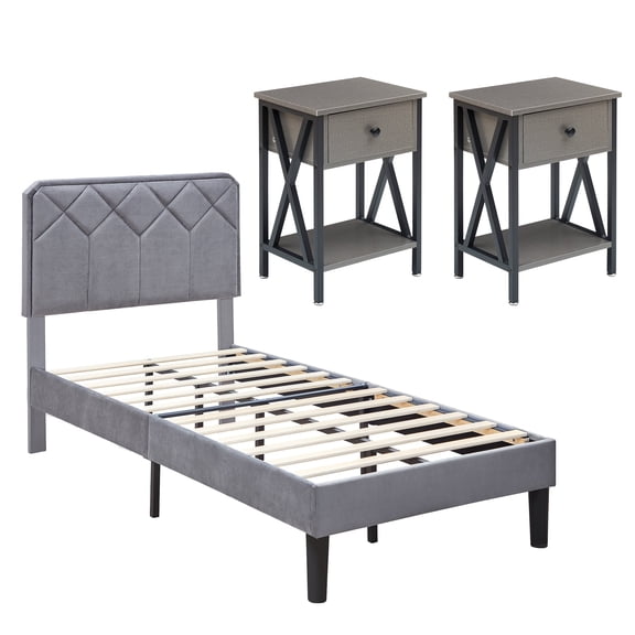 VECELO 3-Pieces Bedroom Sets Twin Size Bed Frame with Adjustable Upholstered Headboard, Nightstand with Storage Drawer, Dark Gray
