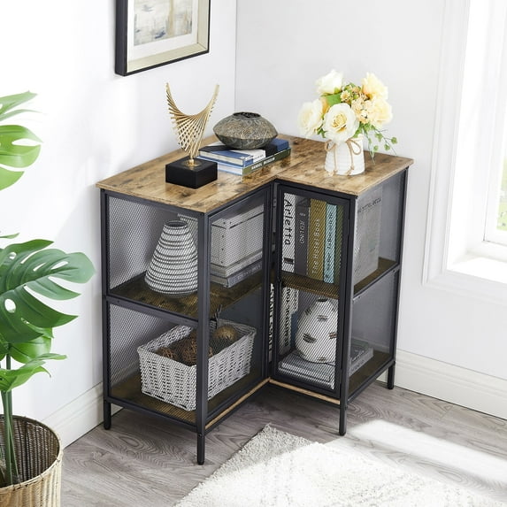 VECELO Corner Cabinet with Doors and Storage Shelves, L-shaped Free-Standing Display Table, for Small Space Living Room Home Office Kitchen, Gray