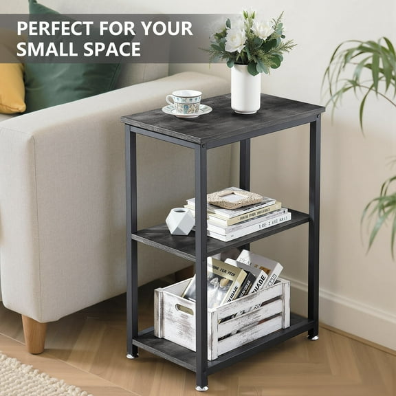 VECELO 3-Tier End Table with Storage Shelf, Nightstand Sofa Side Table for Bedroom/Living Room/Hallway/Study, Charcoal Grey