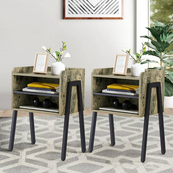 VECELO 3-Tier Industrial Nightstand with Shelf, Stackable End Side Table for Bedroom Living Room, Set of 2, Gray