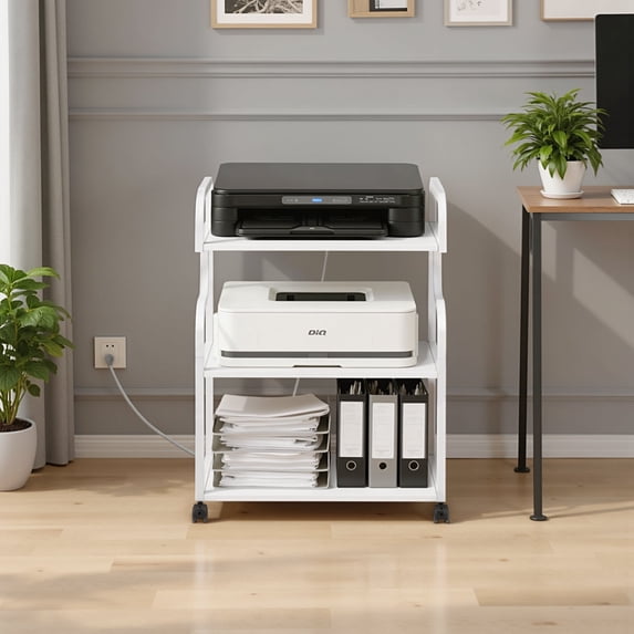 VECELO 3-Tier Printer Stand with Power Outlet and Storage Shelf, Large Printer Cart with Wheels, Rolling Printer Cart for Fax Scanner Files Media Player, for Office Home, White
