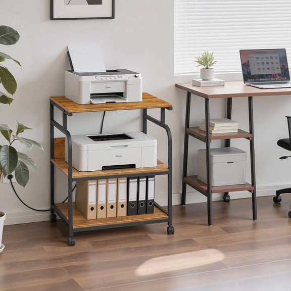 VECELO 3-Tier Printer Stands with Charging Station, Large Rolling Printer Cart with Wheels, Printer Table with Power Outlet USB Port, Printer Shredder Stand for Home Office, Brown
