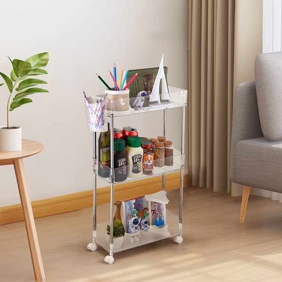 VECELO 3-Tier Rolling Utility Cart with Lockable Caster Wheels, Extra Hanging Cups and Hooks, Storage Shelves Organizer Cart for Living Room Bathroom Kitchen Office, Clear