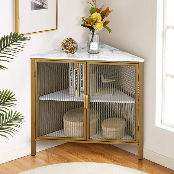 VECELO 3 Tiers Corner Cabinet, Triangle Metal Frame and Wood Storage Shelves Organizer, Ventilation Protection Door, Gold