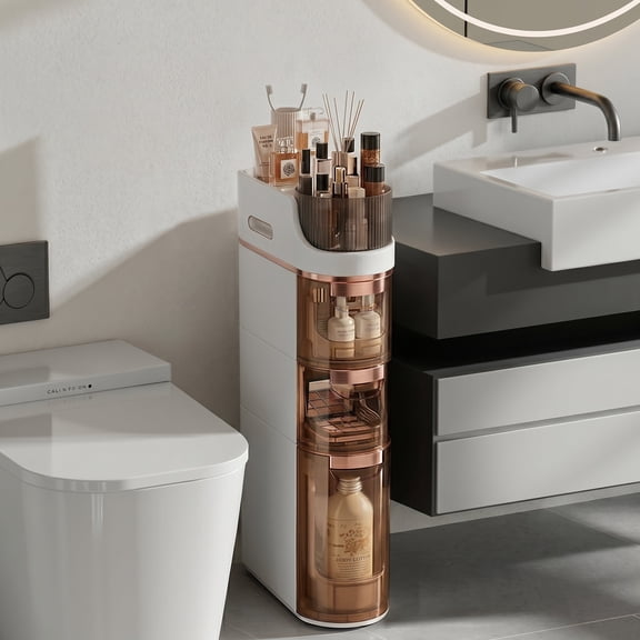 VECELO 3-Tiers Slim Storage Cabinet with Drawers for Bathroom, Narrow Organizers with Mute Pully and Handle, Stand Storage Beside Toliet for Small Space
