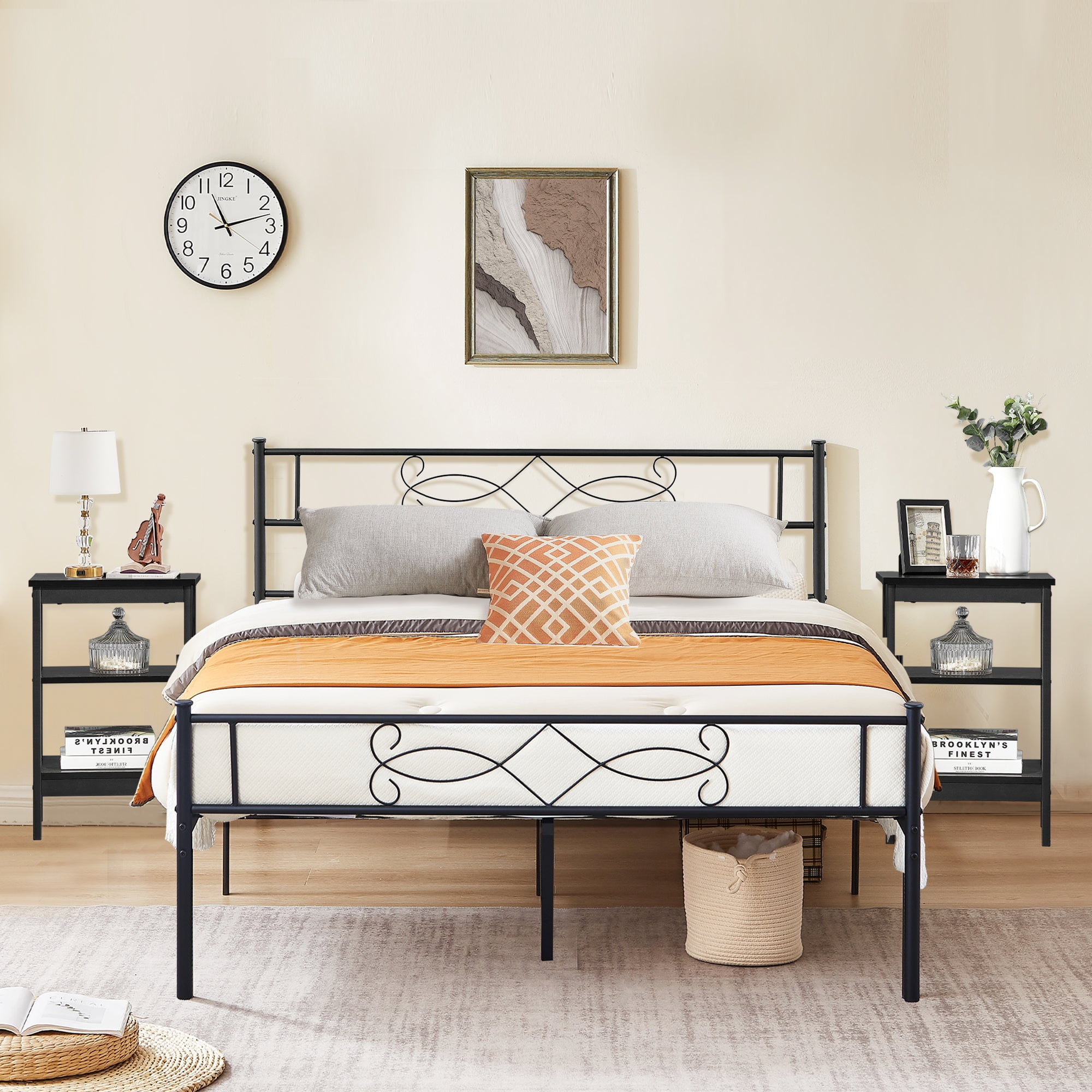 VECELO 3piece Bedroom Set, Full Bed Frame with Headboard, Nightstand